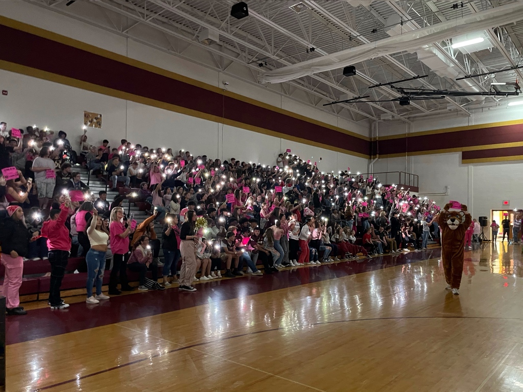 JHS student body holding up light and signs supporting cancer awareness in the darkened gym