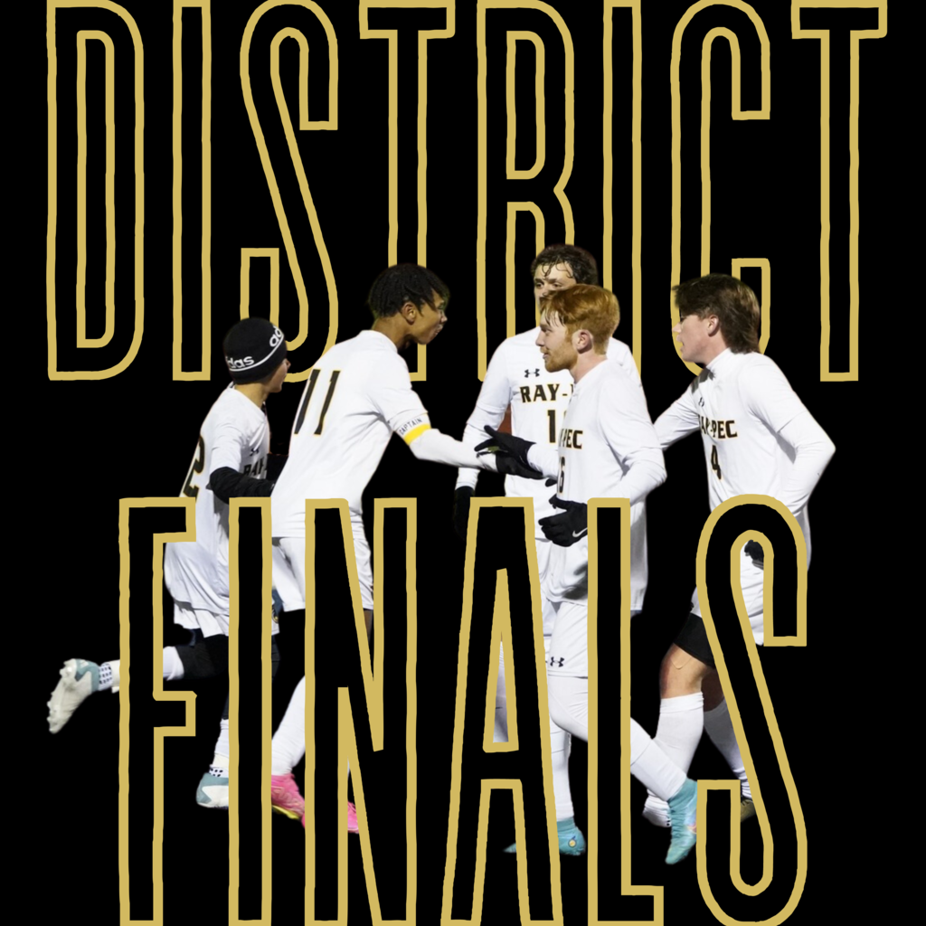 Photo of soccer team celebrating after a goal with the words District Finals behind them