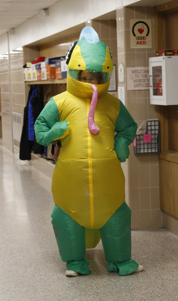 teacher dressed as a dinosaur