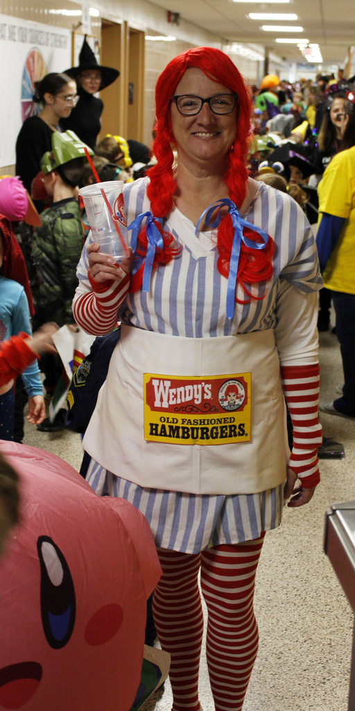 teacher in a Wendy's costume