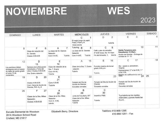 November Event Calendar in Spanish