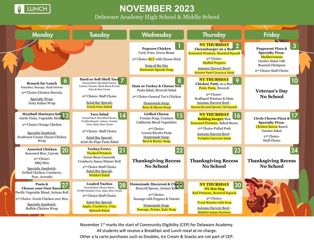 High School - Middle School November Menu