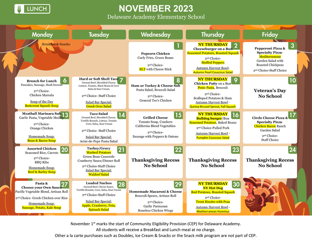 elementary school November menu