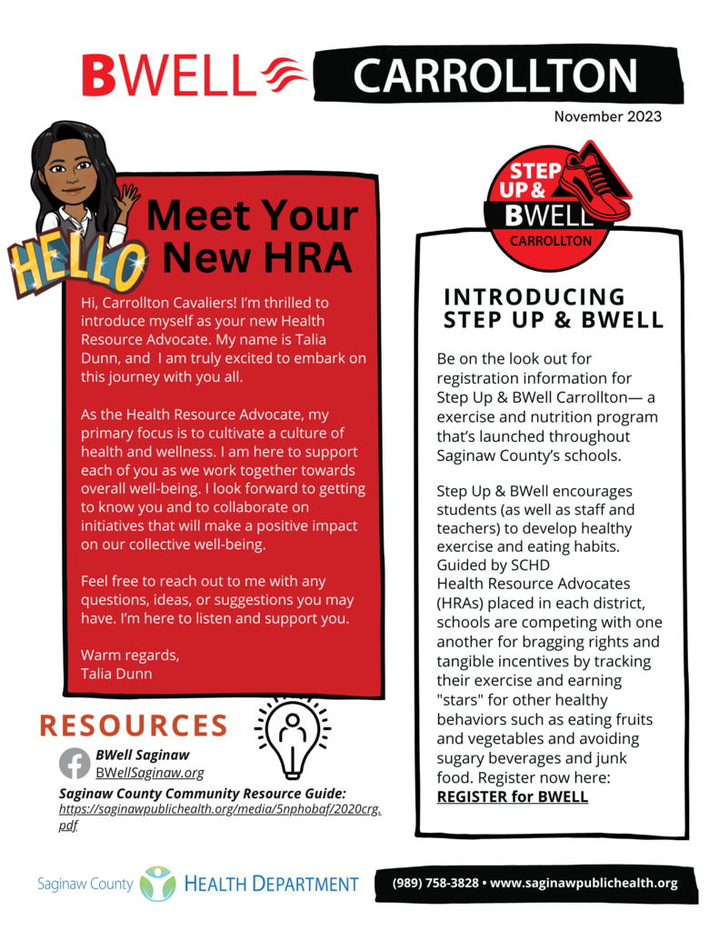 Health newsletter with avatar of the HRA and BWell logo