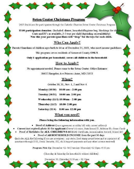 Seton Center Christmas give away flyer