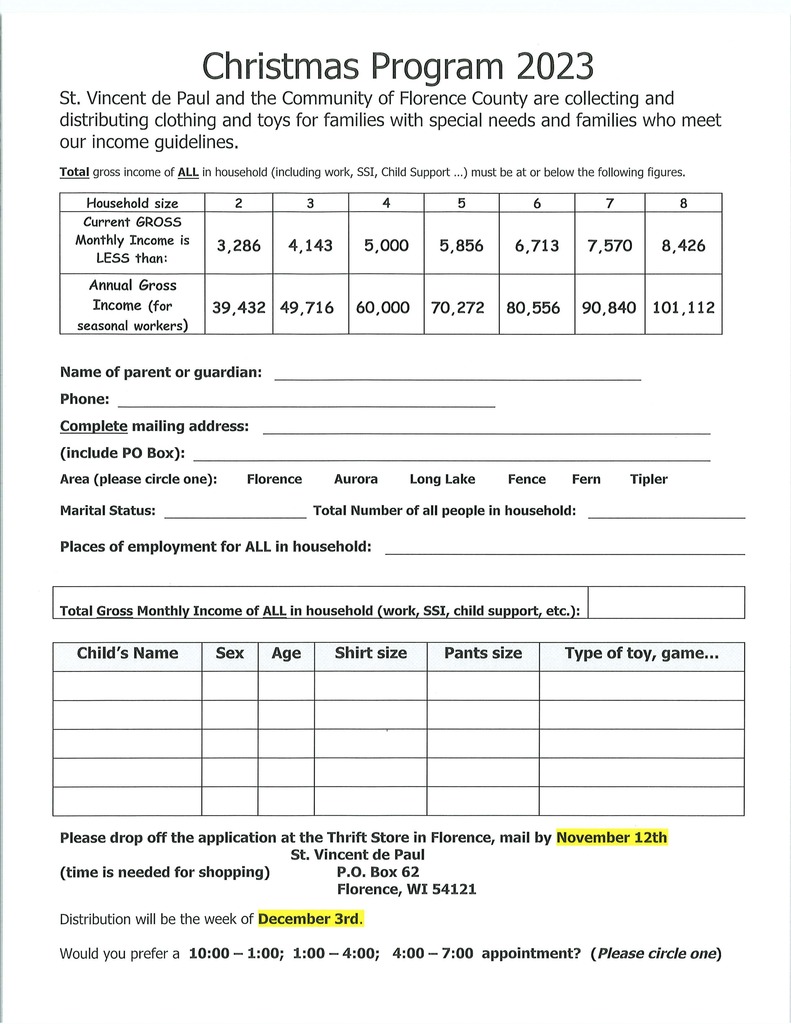 St Vincent Depaul Christmas Application