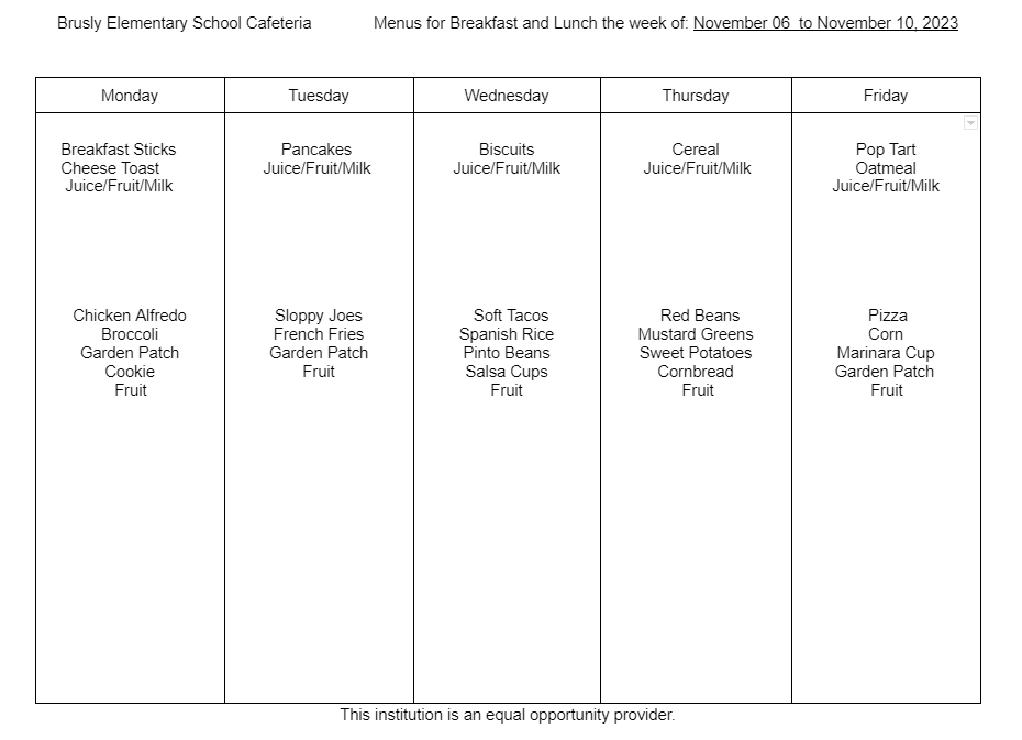 BES Food Menu: Week of November 6