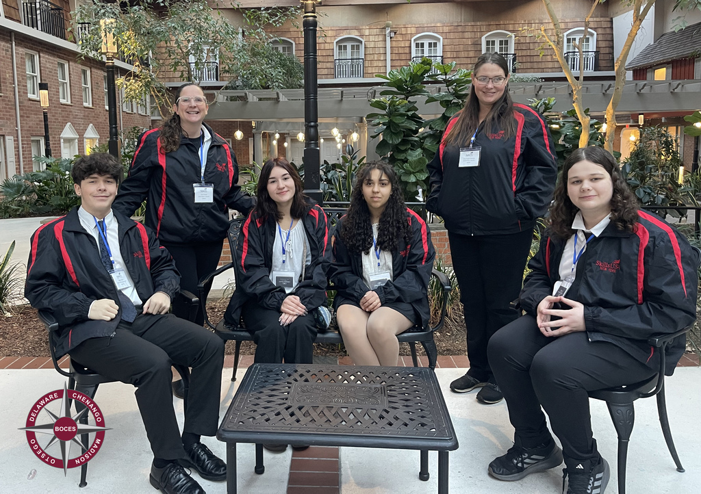 Pictured left to right are Aden Pierce, Welding, Unadilla Valley; Advisor Ann French; Justina Parsons, Welding, Greene; Morgan Quarella, Culinary, Greene; Advisor Erin Engle-Thomas; Lucas Driscoll, Culinary, Greene.
