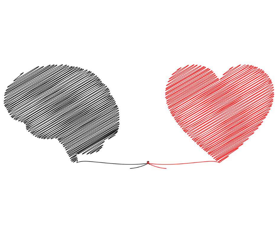 image of a black brain shape and a red heart shape tied together by a single thread from each