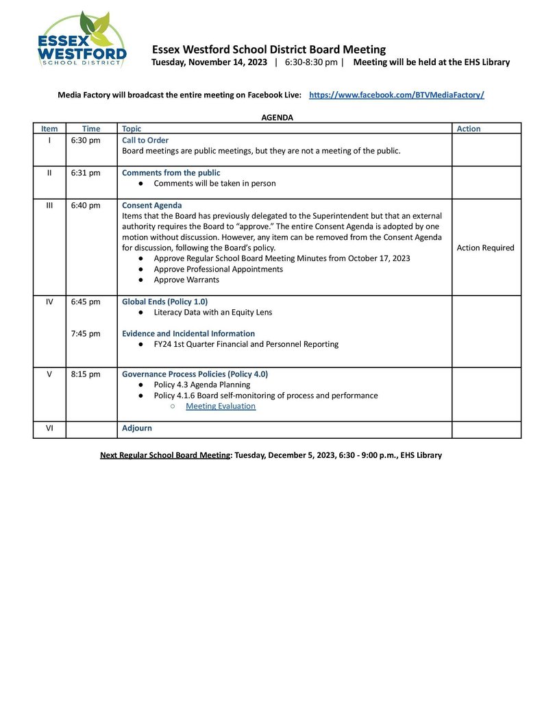 agenda items for board meeting