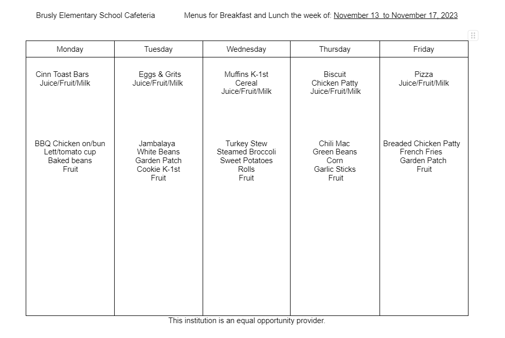 BES Food Menu: Week of November 13