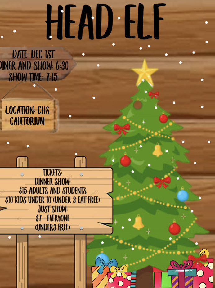 flyer with Christmas tree and details for the CHS Dinner Theater production