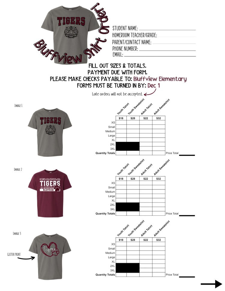 Bluffview Elementary Student Council T-Shirt Fundraiser order form