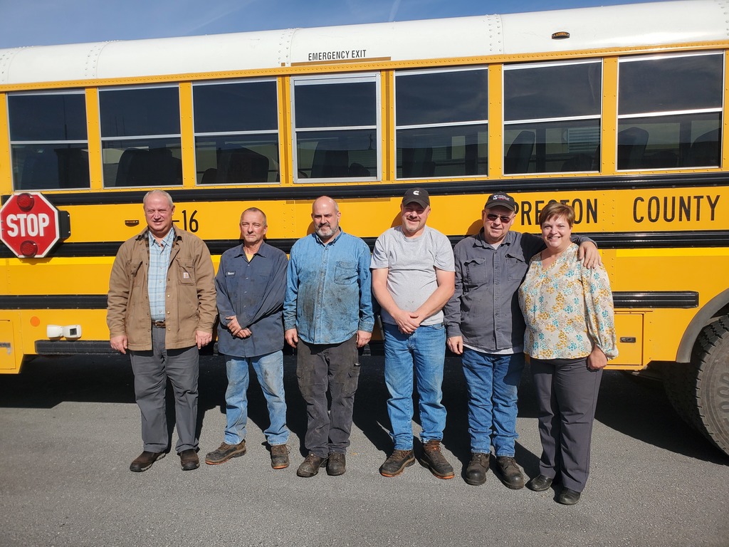 PCS Bus Drivers rank 4th in WV for excellence. Pictured here: Steve Plum, Director of Transportation; Mechanics – Richard Wilson, Robert Smith, Stacey Hauser, and Dana Sanders; and transportation executive secretary Cindy Foley.  