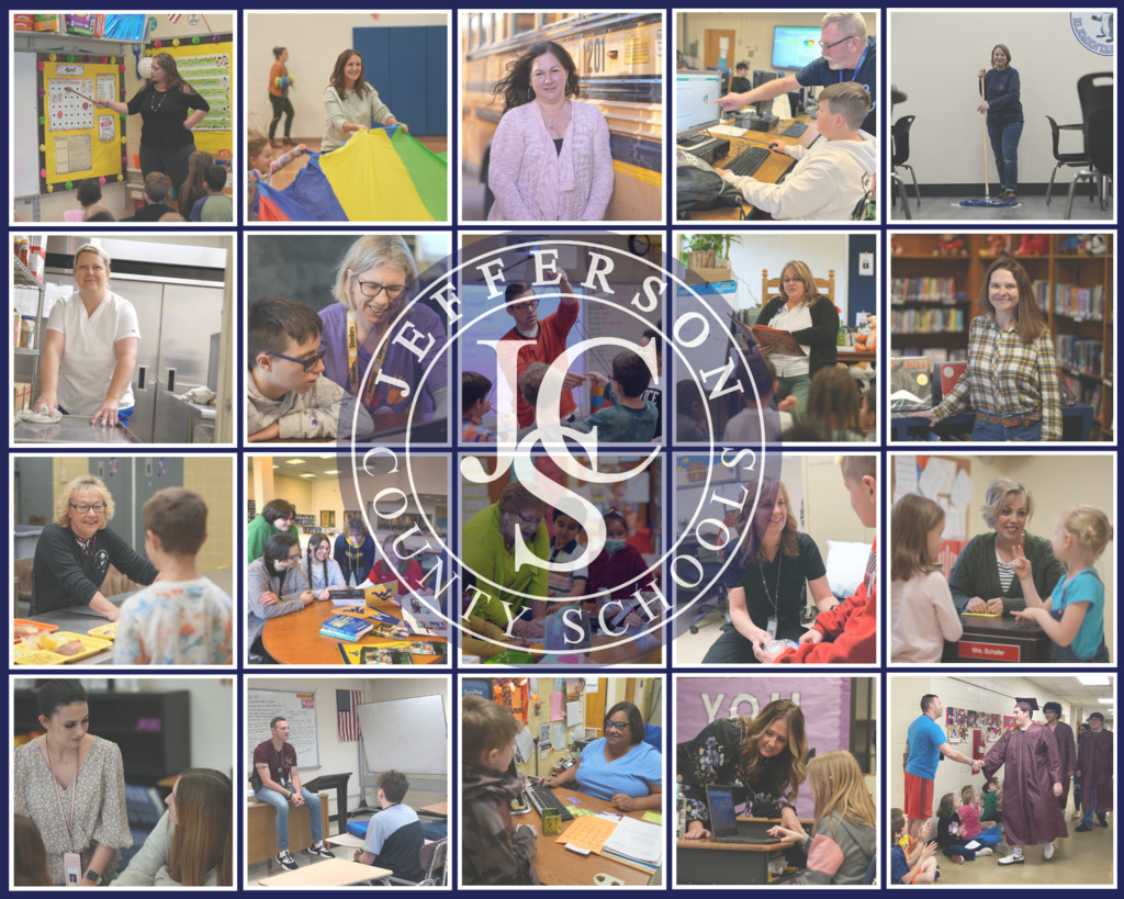 Collage of photos of JCS community with logo in middle