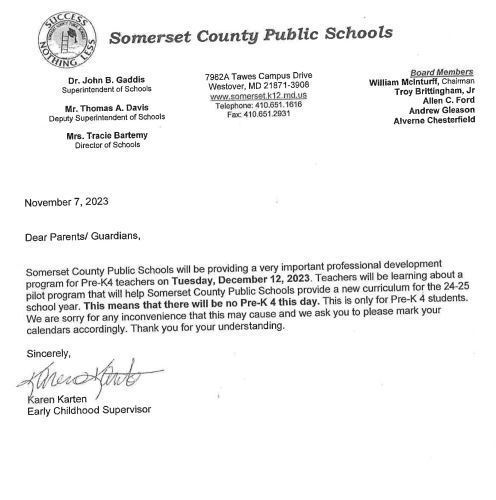 Pre-k letter closure letter in English