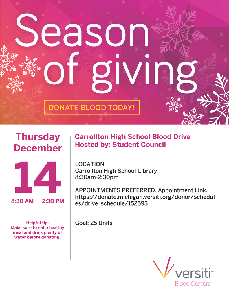 Season of Giving blood drive flier with snowflakes on a pink background