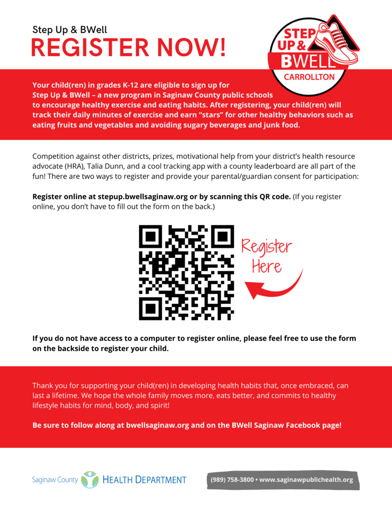 flier with information and QR code for registering for the Step up & BWell challenge