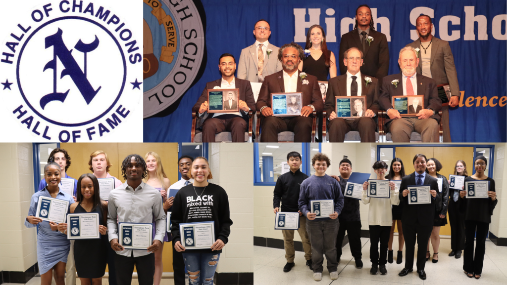 Collage of images: 1. Hall of Champions Logo. 2. The inductees on stage holding their award plaques. 3. Student athletes that were recognized. 4. Student scholars that were recognized. Collage de imágenes: 1. Logotipo del Salón de Campeones. 2. Los nuevos miembros en el escenario sosteniendo sus placas de premio. 3. Estudiantes deportistas que fueron reconocidos. 4. Estudiantes becarios que fueron reconocidos.