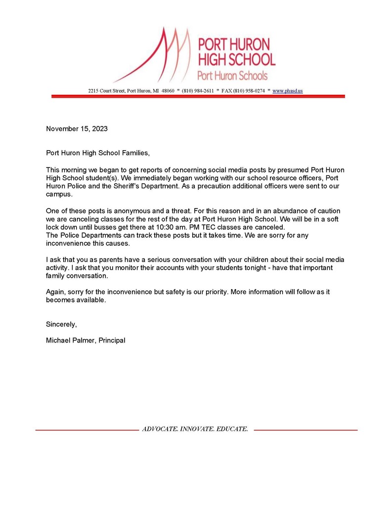 Letter to PHHS and Phoenix families