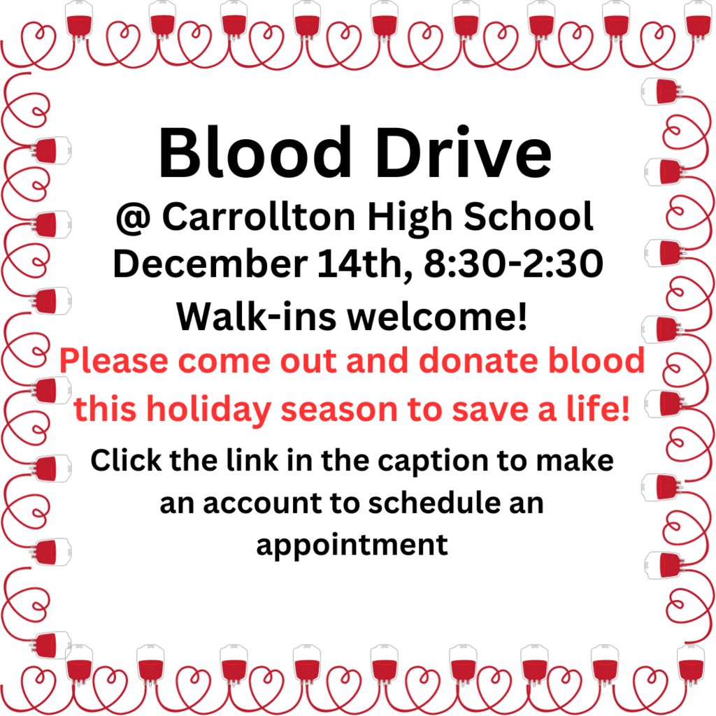 graphic for CHS blood drive on December 14th, with red hearts around the edge