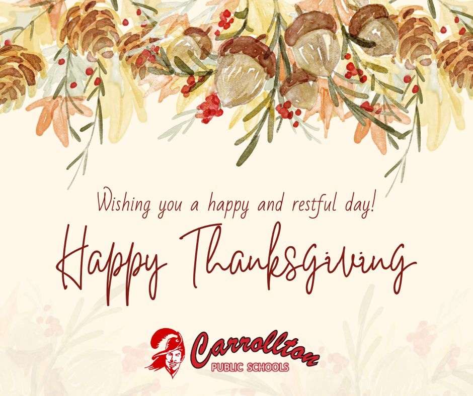 image of watercolor leaves and acorns with the message "Wishing you a happy and restful day! Happy Thanksgiving!"