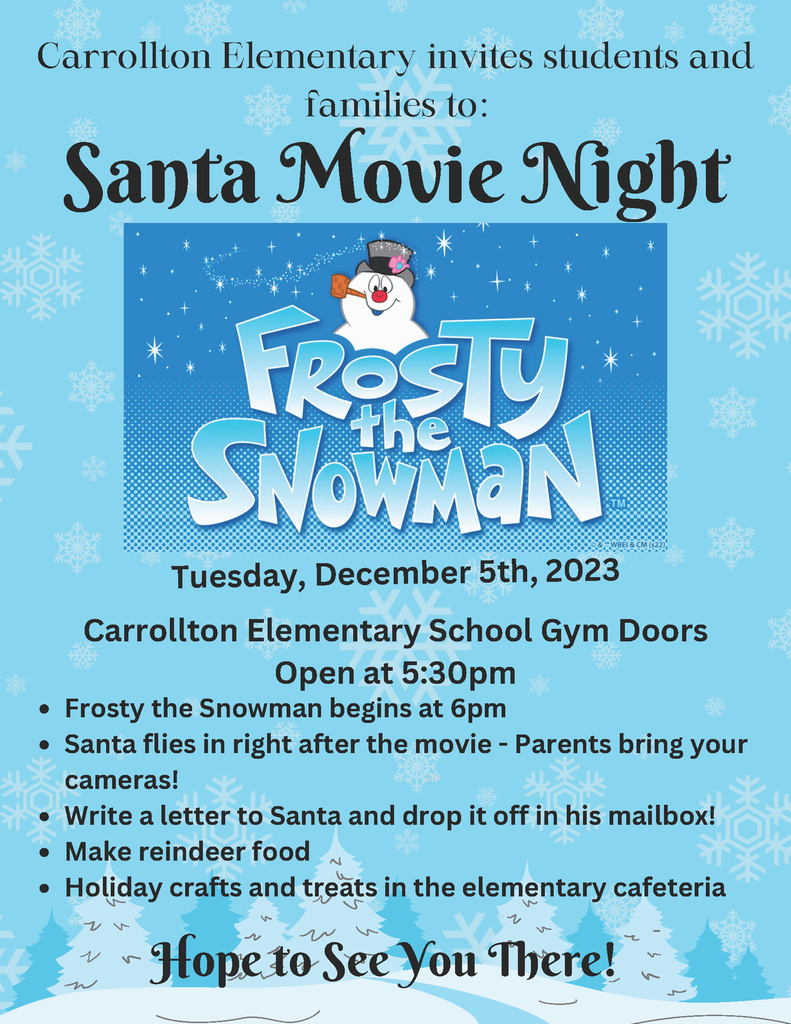 flier for the CES Santa Movie Night on December 5th, with Frosty the Snowman and a blue winter background