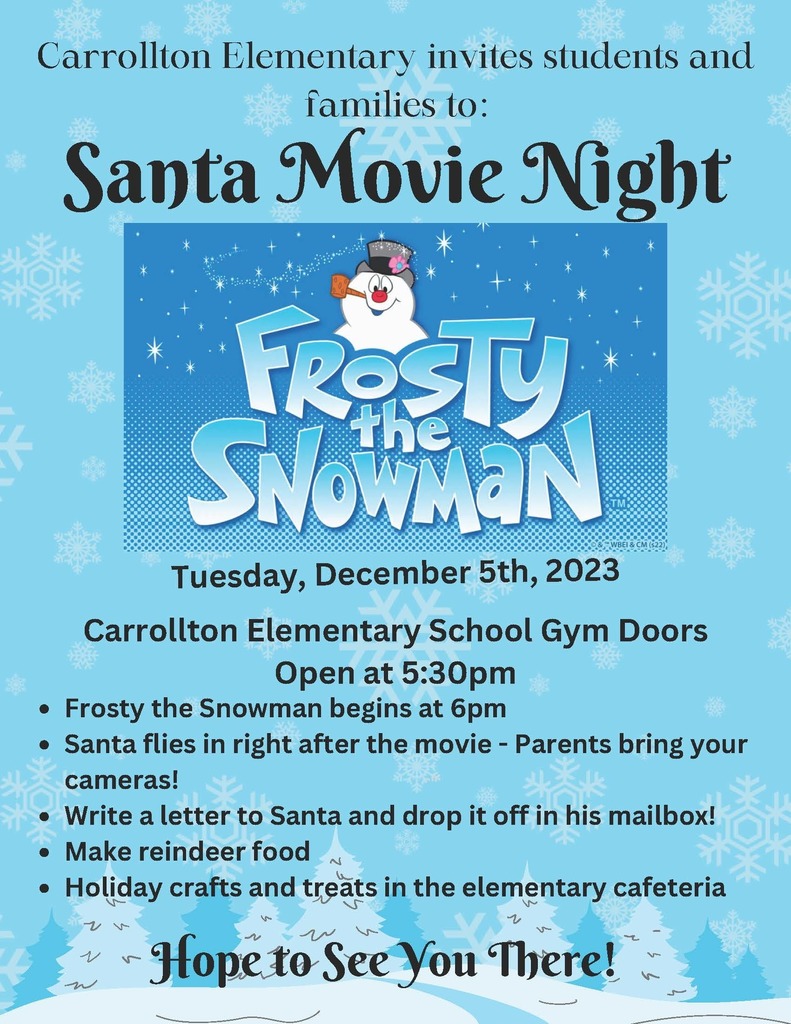 flier with information for CES Santa Movie Night on December 5th, with blue winter scene and snowflakes