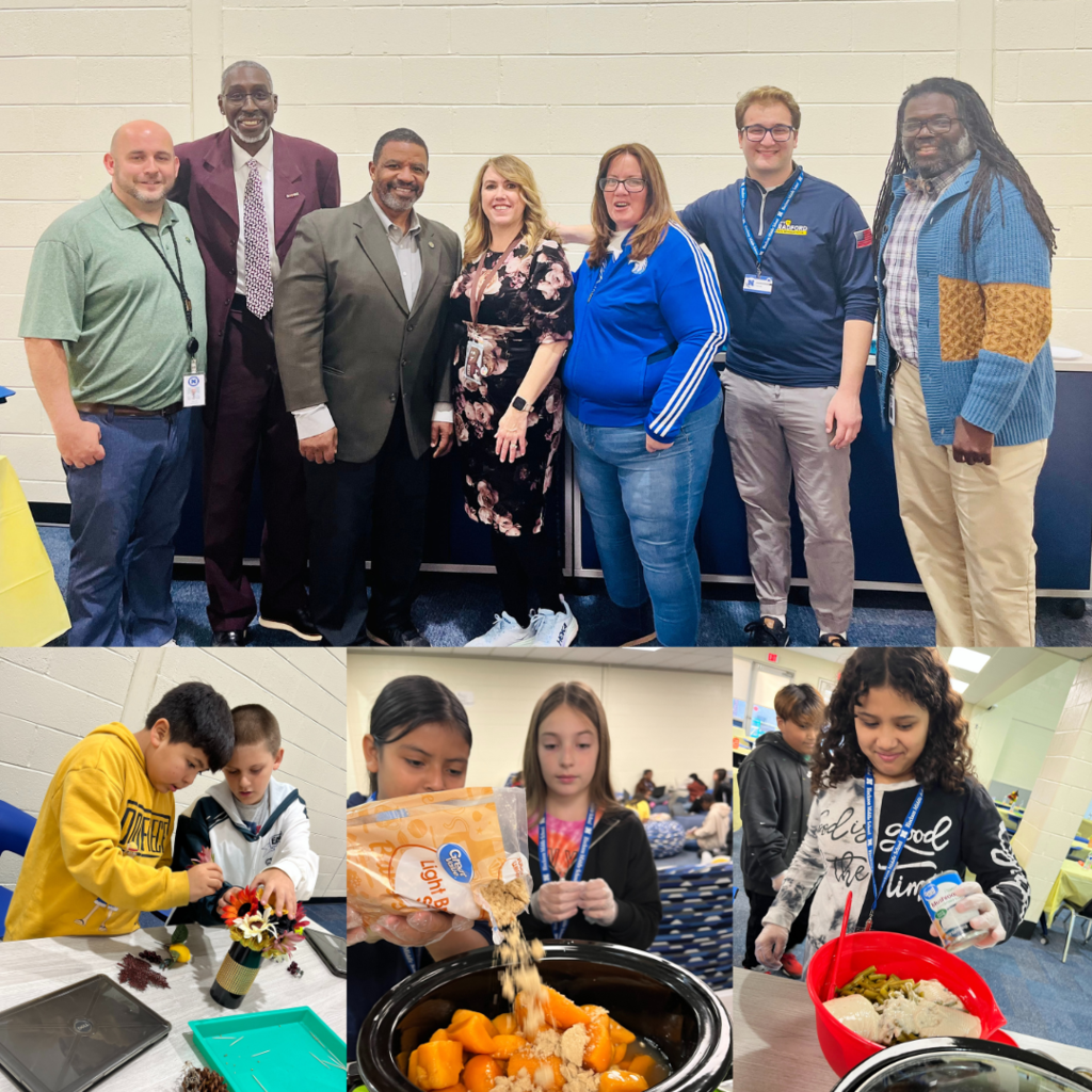 Collage image of community partners and students preparing the food. Imagen collage de socios comunitarios y estudiantes preparando la comida.