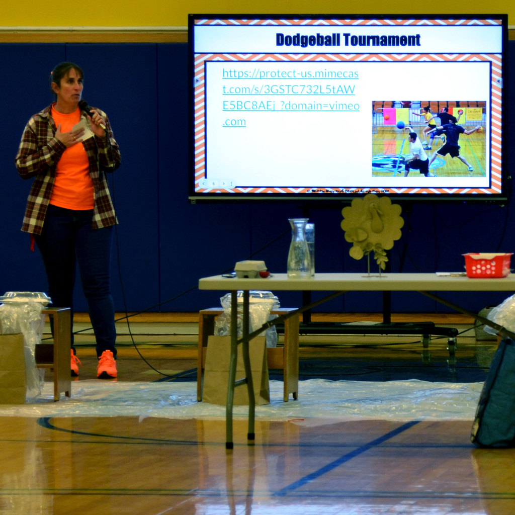 Mrs. Coleman discusses the Dodgeball tournament