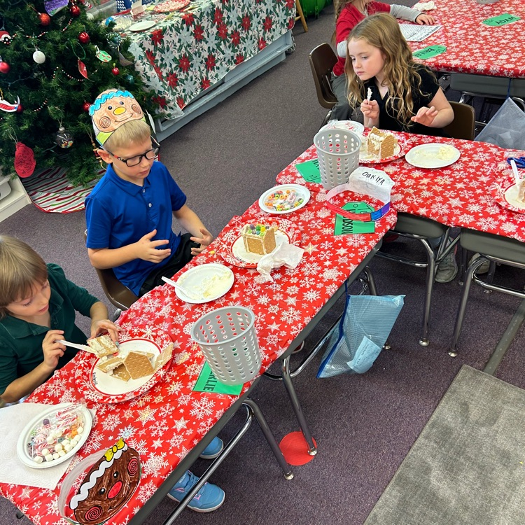 First grade kicking off the Christmas season with gingerbread day! They spent the day doing gingerbread themed activities like word building, writing stories and building gingerbread houses!