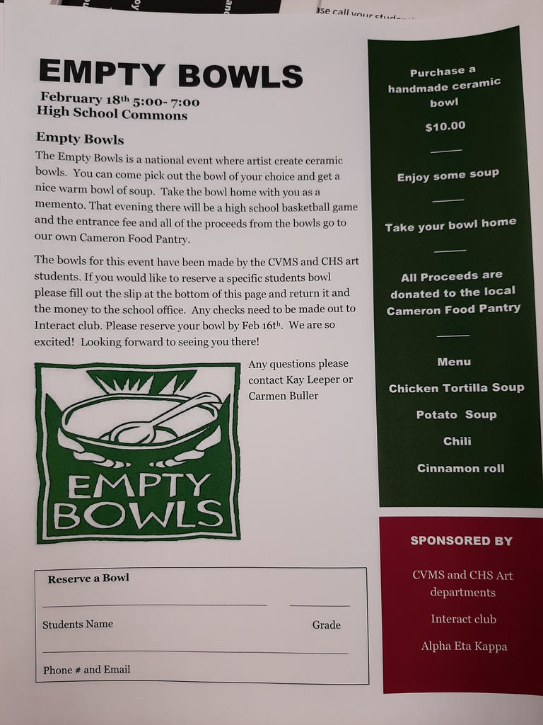 Empty Bowls Feb. 18 5-7 pm CHS Commons
