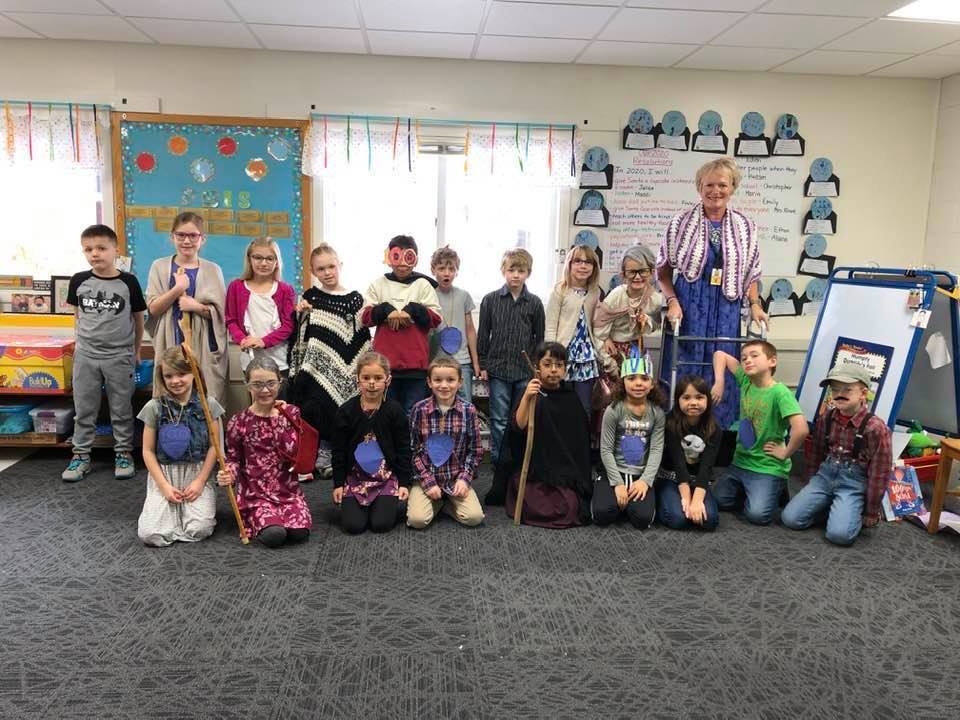 A first grade class joins the fun of dressing up as a 100-year-old