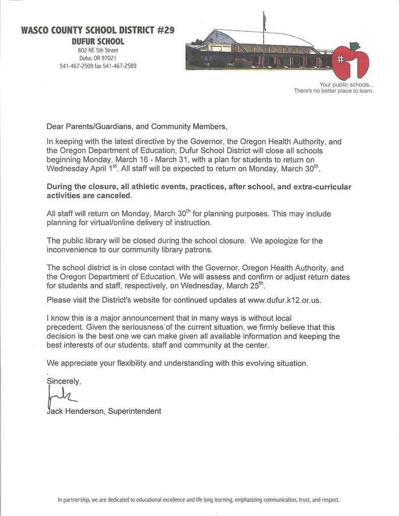 School Closure Letter