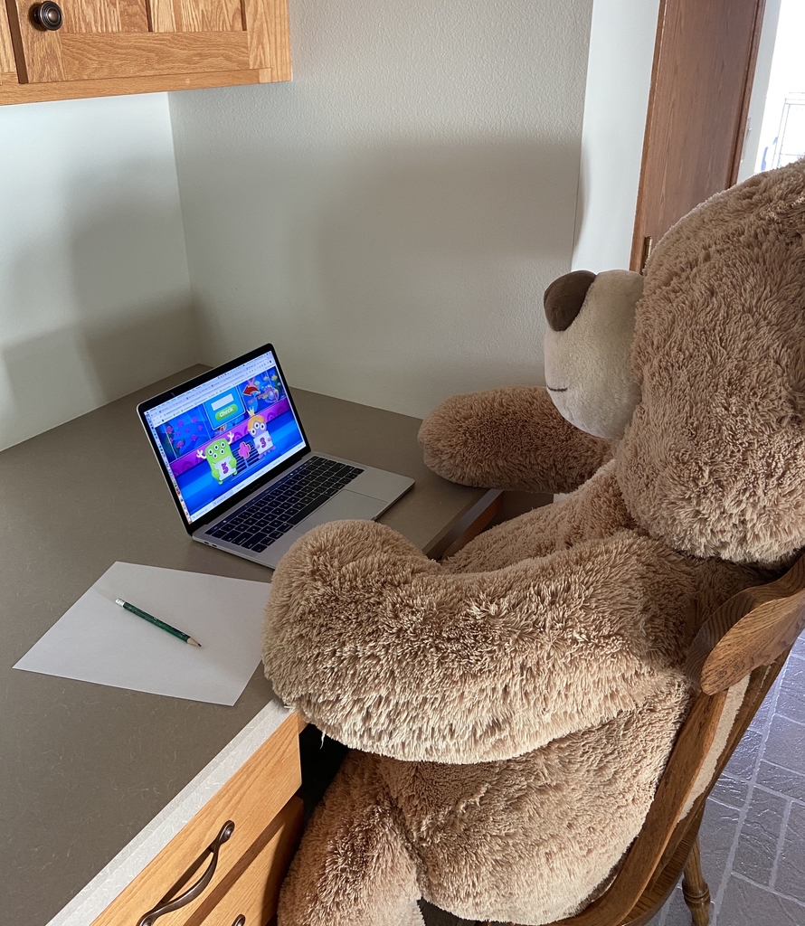 Bear at desk with a computer.