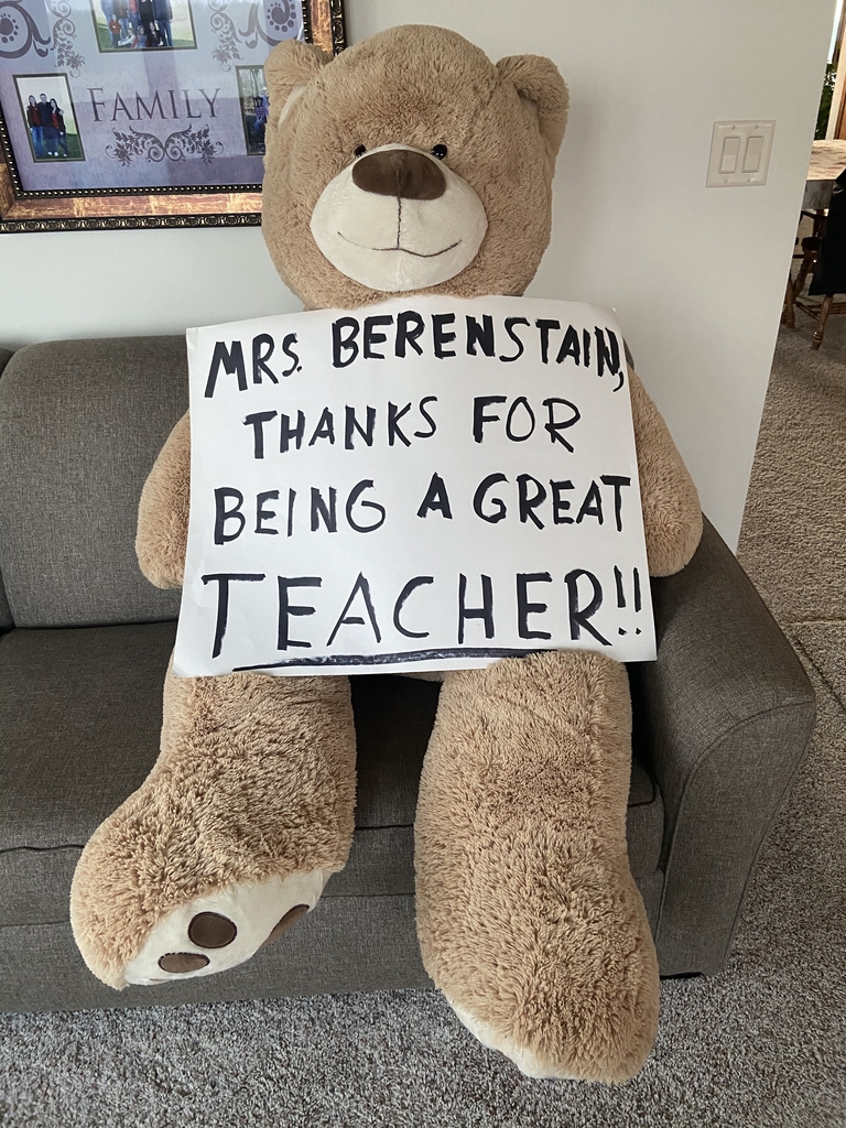 Teddy Bear sitting on coach with a sign.