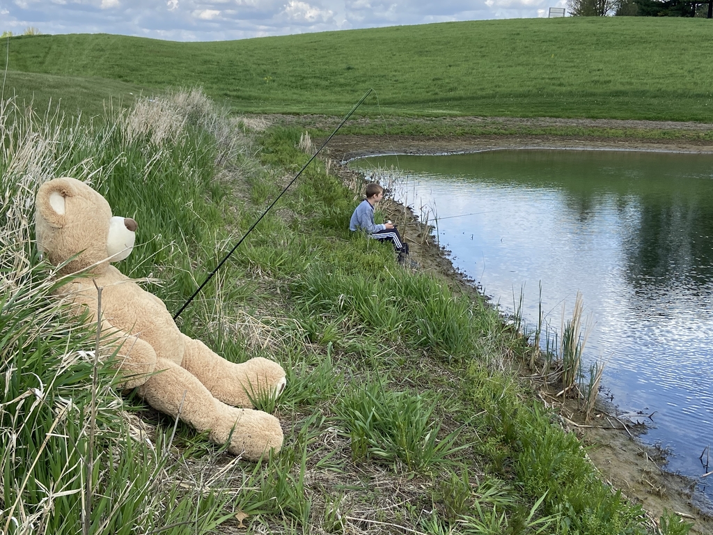Teddy Bear fishing near pond.