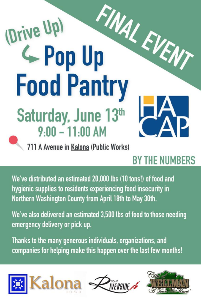 final pop up food pantry is saturday, june 13 in kalona