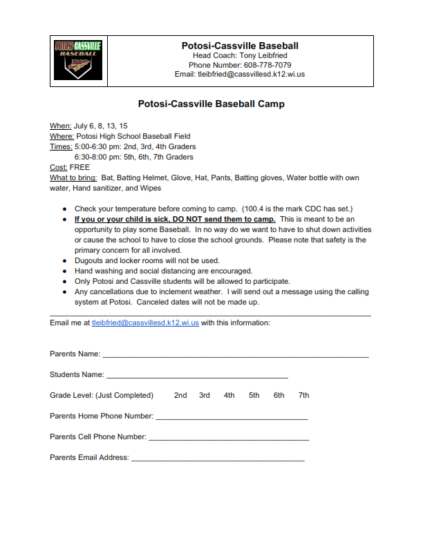 Youth Rec Baseball Camp Form