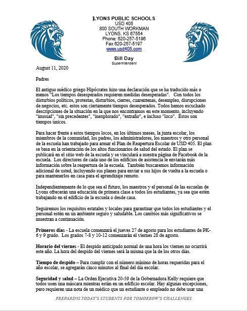 Letter to Parents (Spanish)