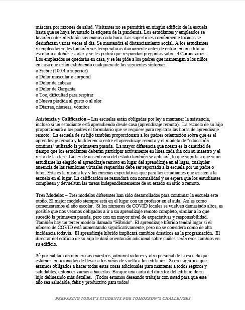 Letter to Parents Spanish
