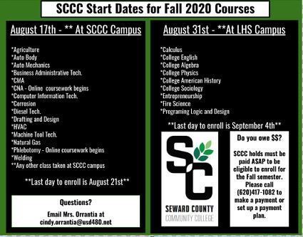 SCCC Start Dates for Fall 2020 Courses