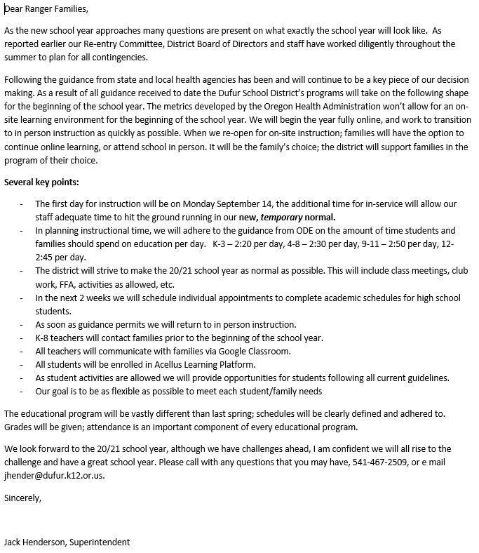 Letter from Superintendent