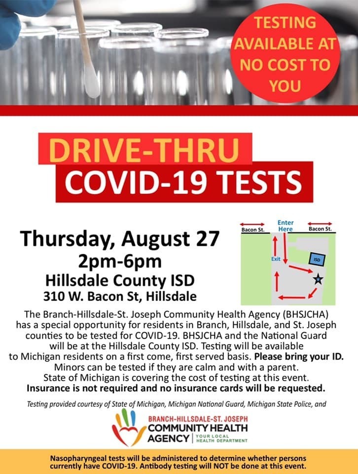 Drive-Thru COVID Tests on August 27 from 2pm-6pm.