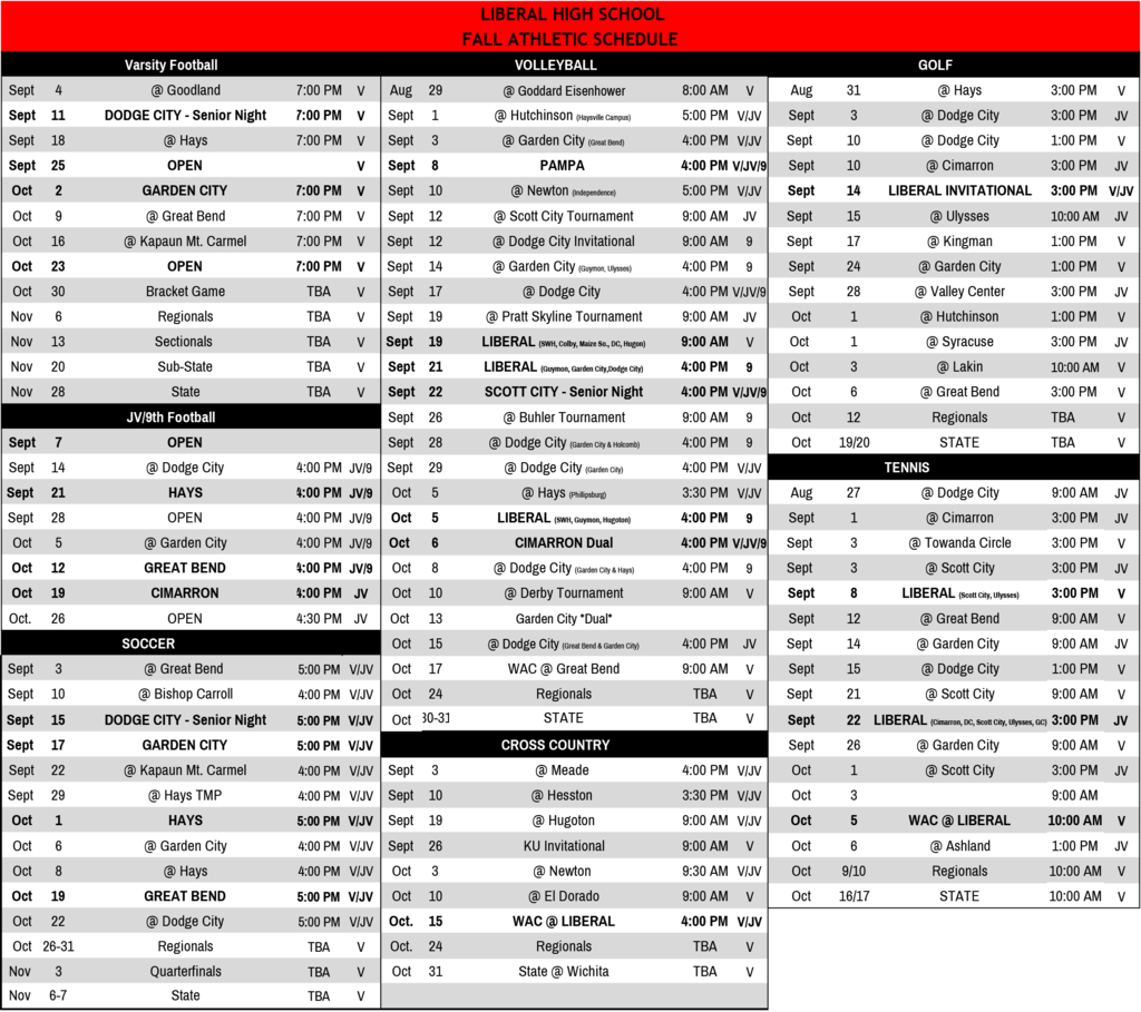 UPDATED FALL SPORTS SCHEDULE