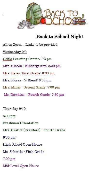 Back to School Night Schedule