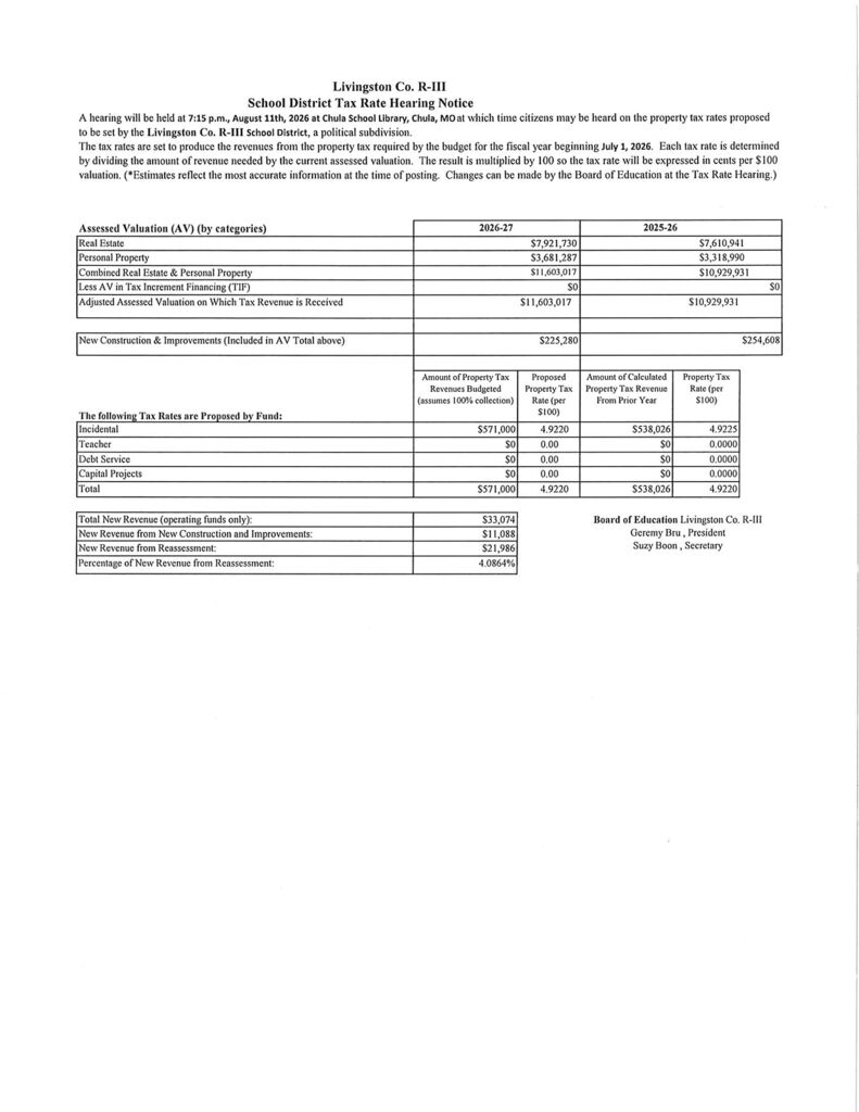 School District Tax Rate Hearing August 11, 2026, 7:15pm