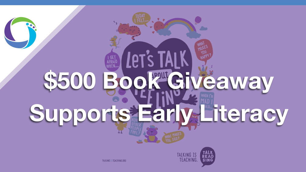 Image card with an opaque purple overlay with the title "$500 Book Giveaway Support Early Literacy" in the middle. The LESA logo is in the lefthand corner.