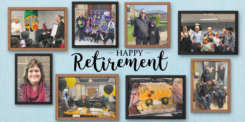 Picture frames hanging on a blue wall with the words "happy retirement"