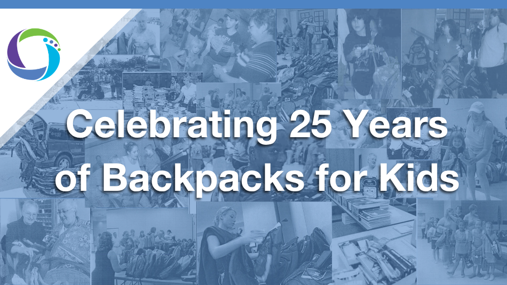 A collage of black-and-white photos showing volunteers and children packing and receiving school supplies. A light blue overlay features large white text reading, "Celebrating 25 Years of Backpacks for Kids."